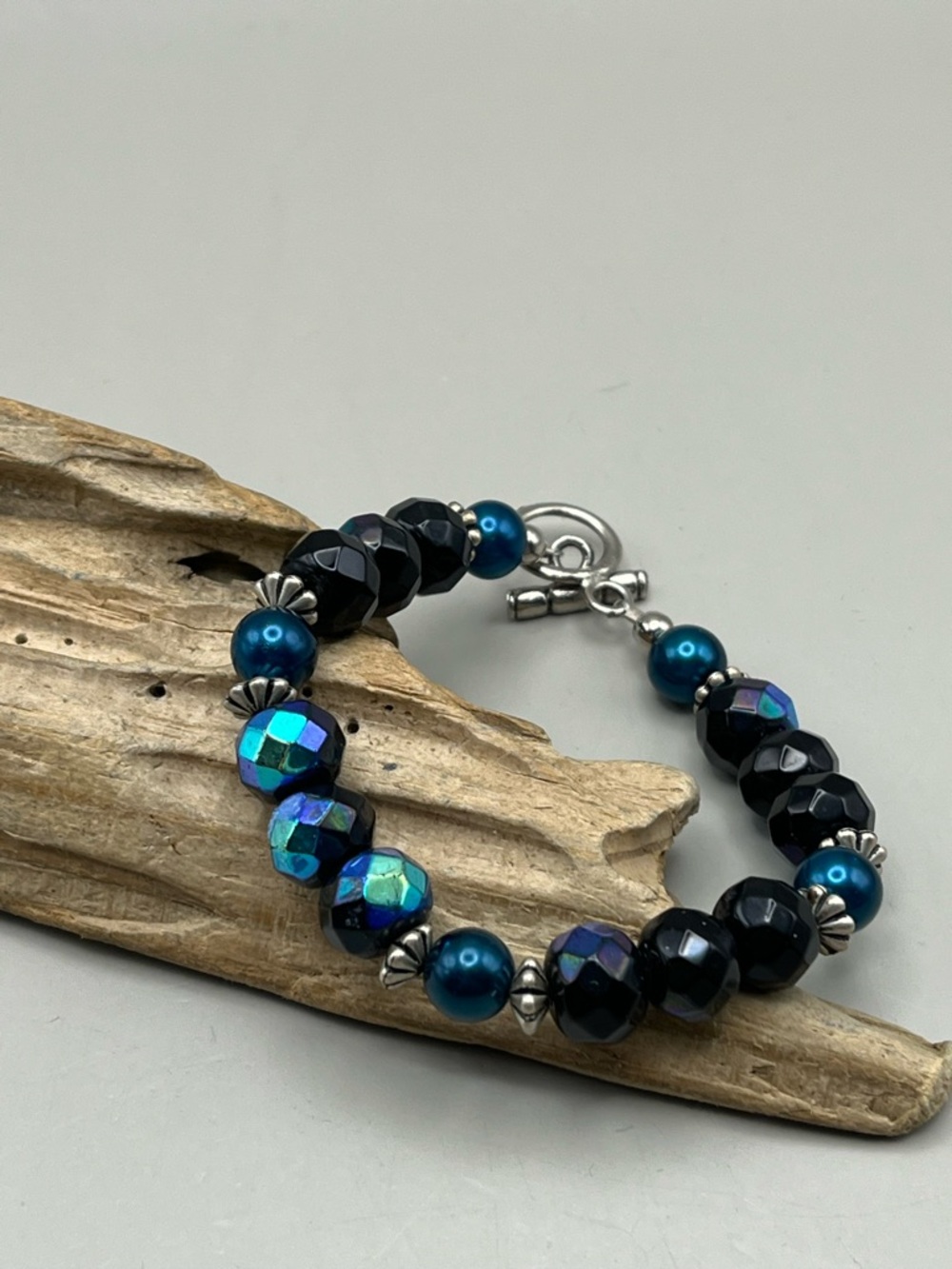 Handmade Teal & Black Beaded Bracelet with Silver Accents